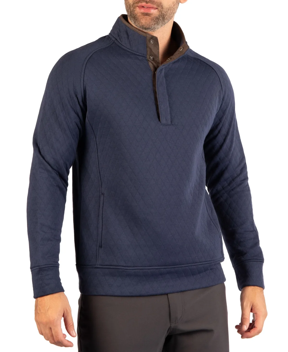 Quilted Knit Hidden Snap Pullover with Suede Trim by Tailorbyrd