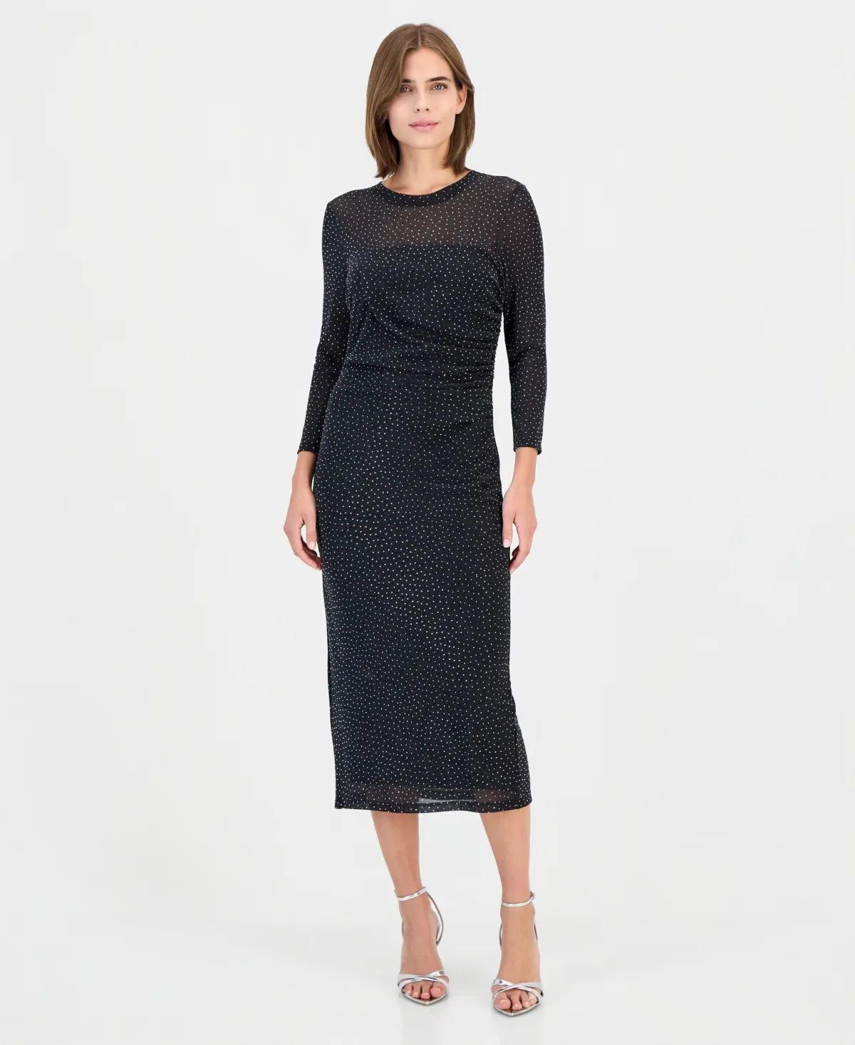Long-Sleeve Side-Ruched Sparkly Mesh Midi Dress by Anne Klein