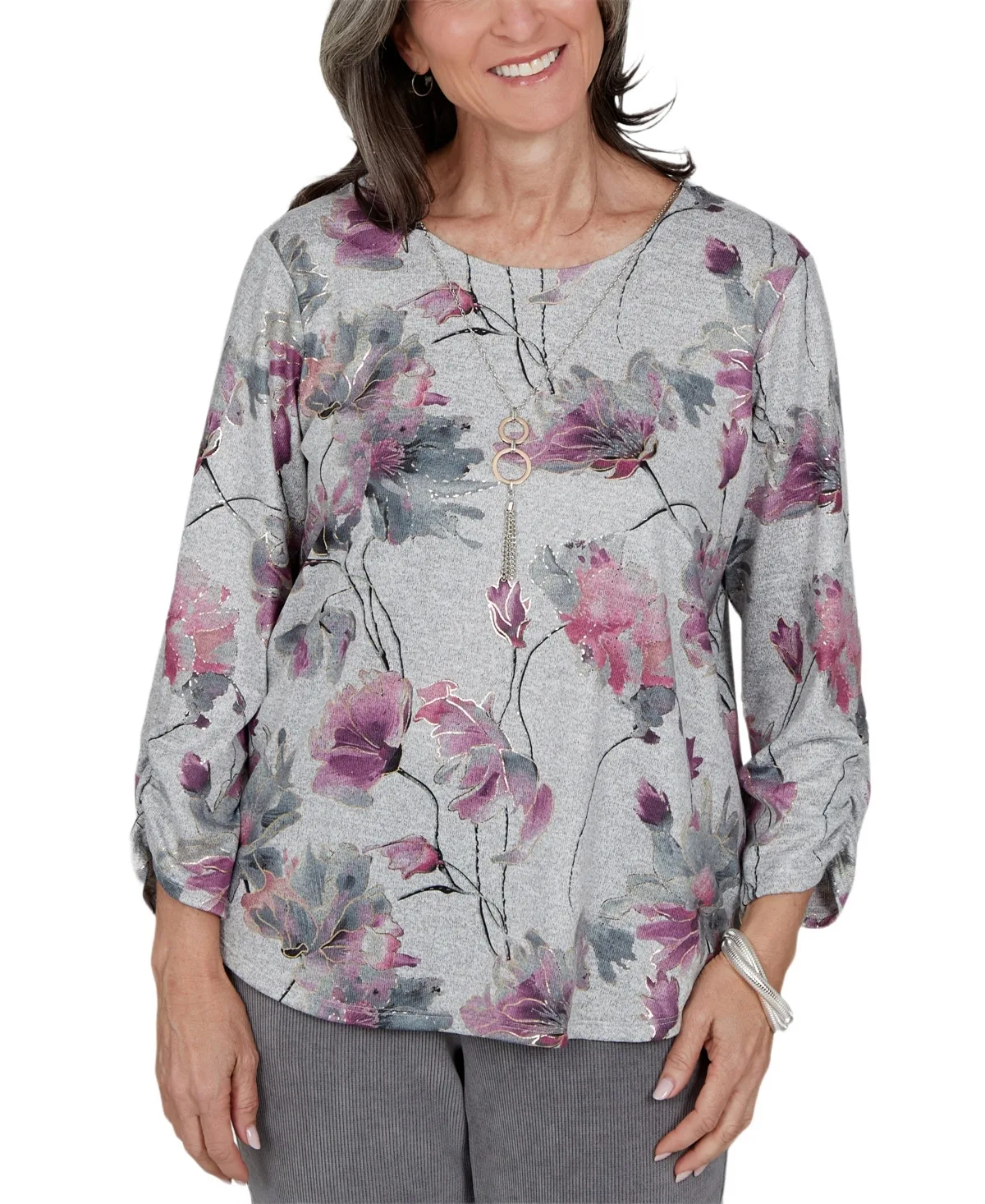 Floral-Print 3/4-Sleeve Ruched Blouse by Alfred Dunner