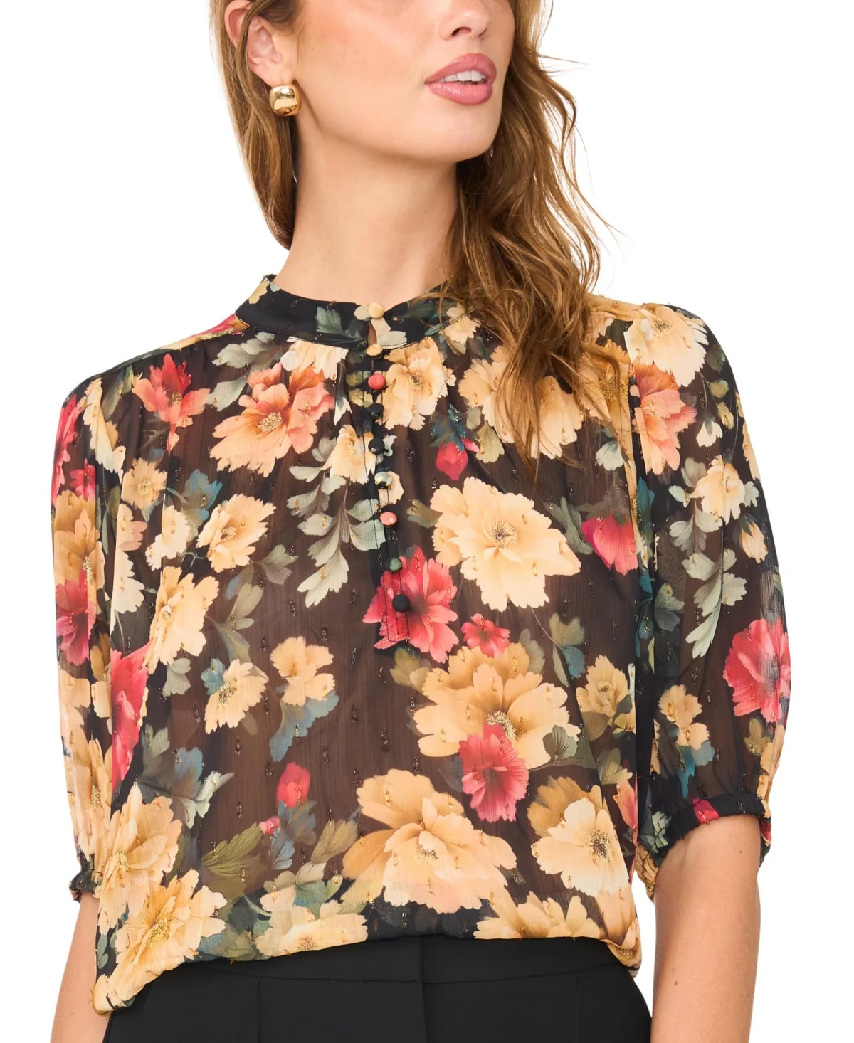 Floral-Print Puff-Sleeve Blouse by Vince Camuto