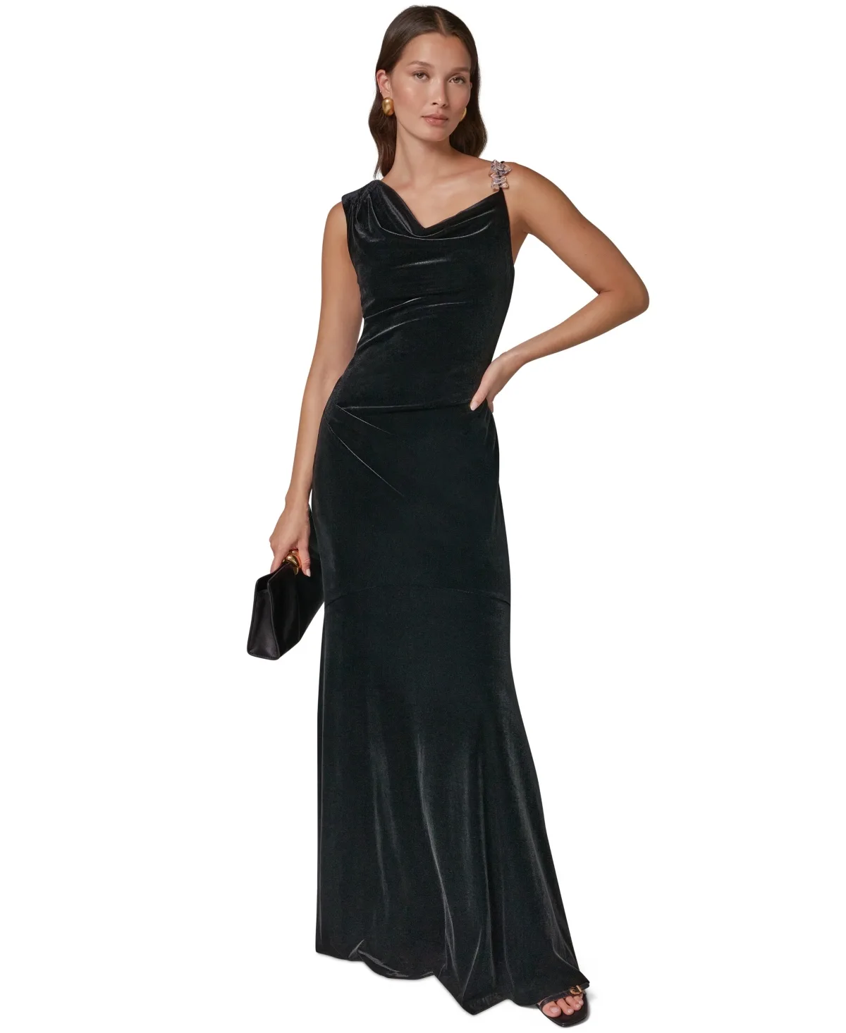Crystal-Beaded Cowl Neck Ruched Velvet Gown by Donna Karan New York