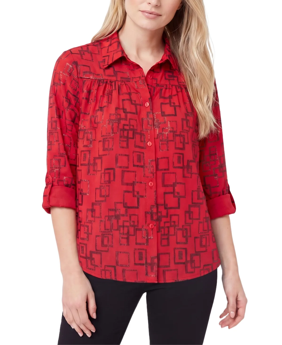 3/4 Roll-Tab Sleeve Collared Button-Up Blouse by Ny Collection