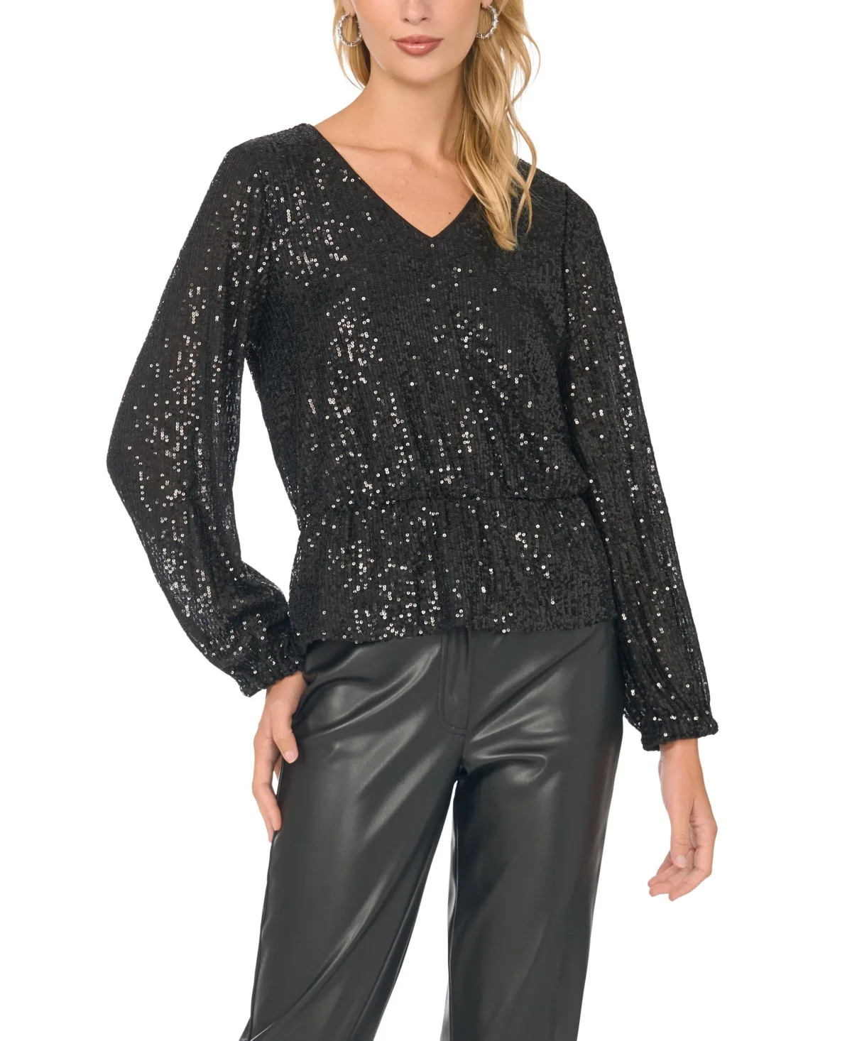 Split Neck Bubble Sleeve Sequins Blouse by Vince Camuto