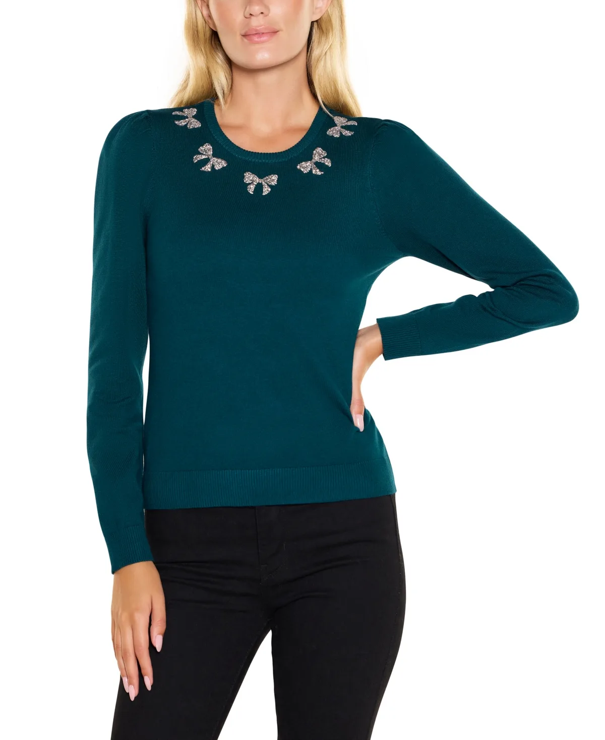 Puff Sleeve Embellished Neckline Sweater
