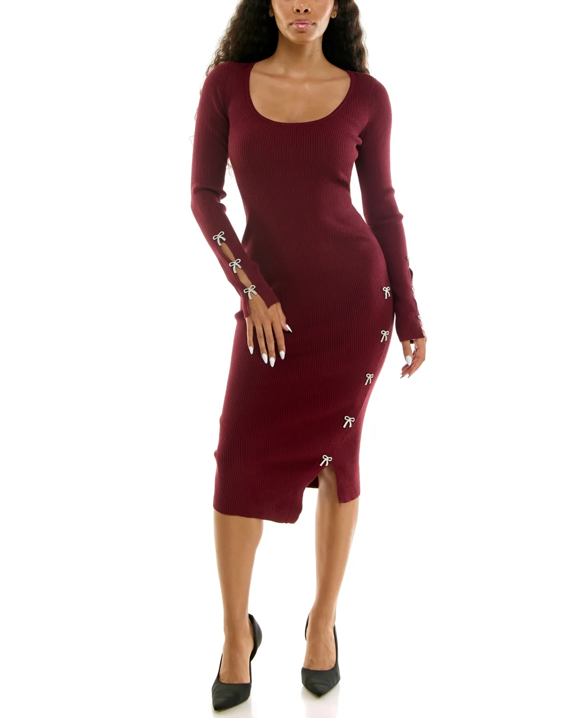 Long-Sleeve Scoop Neck Midi Dress with Rhinestone Bows by Rosie Harlow