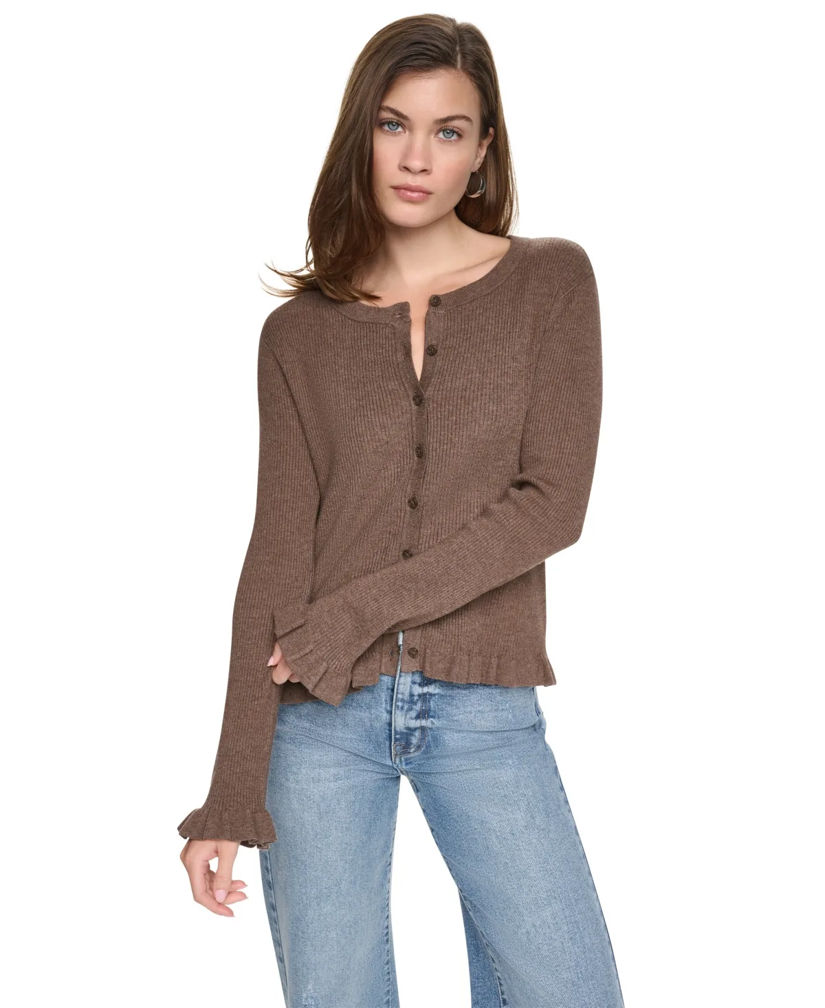 Ruffle-Trim Ribbed Crewneck Sweater