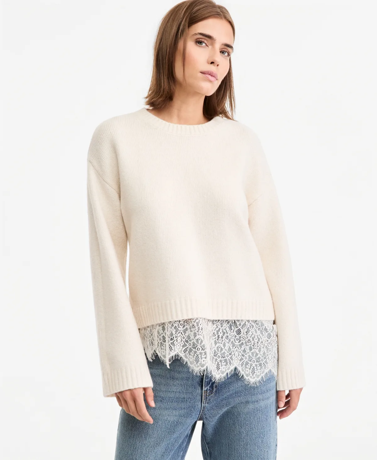 Lace-Trim Long-Sleeve Crewneck Sweater by And Now This