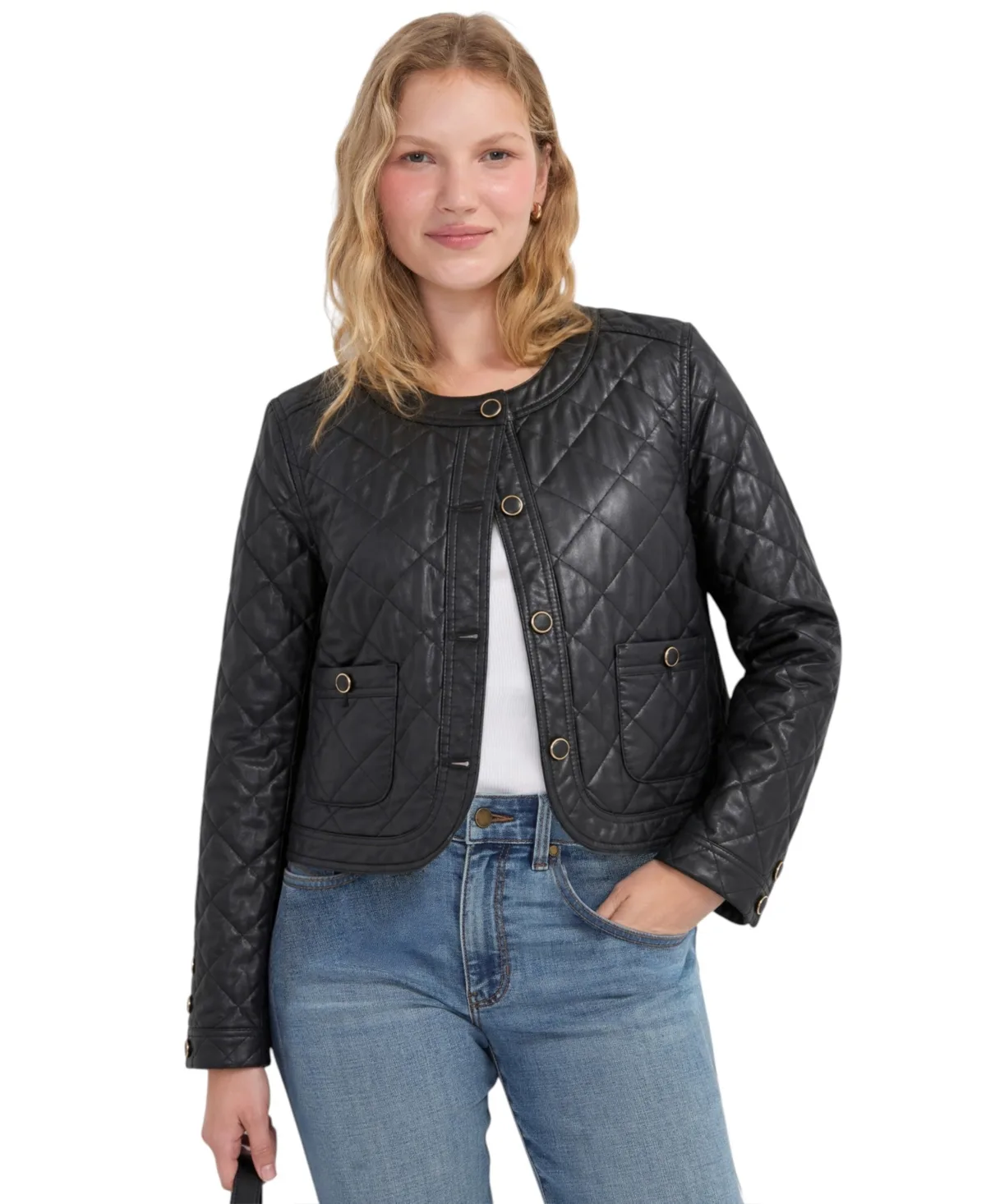 Collarless Quilted Denim Jacket by Liverpool Los Angeles