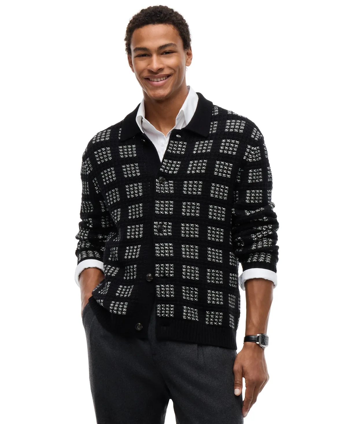 Ny Button Up Wool-Blend Regular-Fit Plaid Cardigan by Tommy Hilfiger