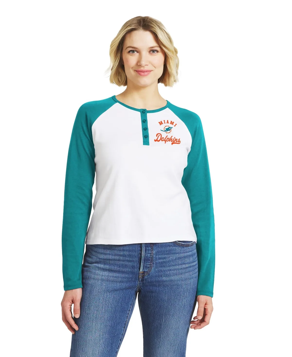 Miami Dolphins Henley Long-Sleeve Raglan T-Shirt by Wear by Erin Andrews
