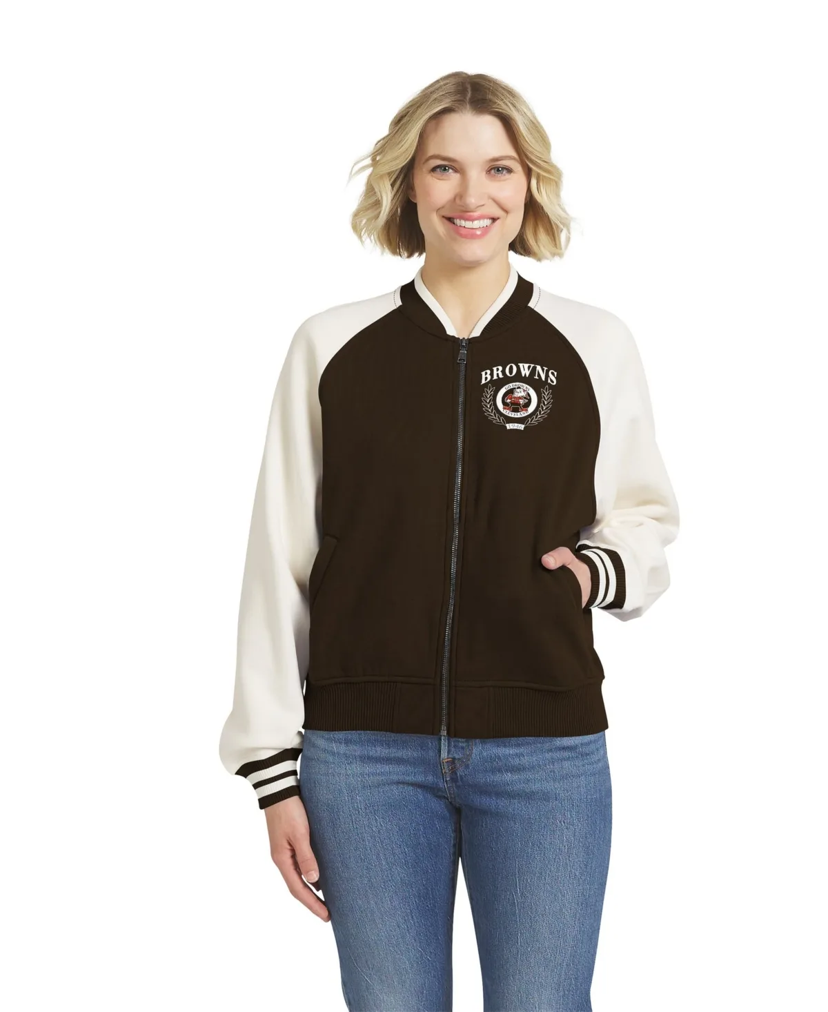 Cleveland Browns Throwback Varsity Fleece-Lined Raglan Full-Zip Jacket by Wear by Erin Andrews