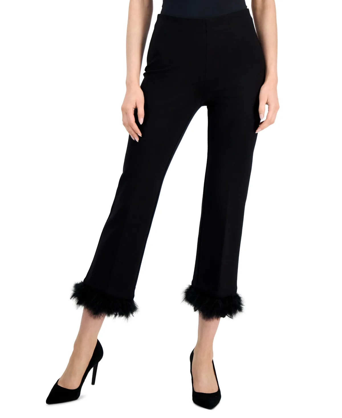 Pull-On Hollywood Feather-Trim-Cuff Pants by Anne Klein