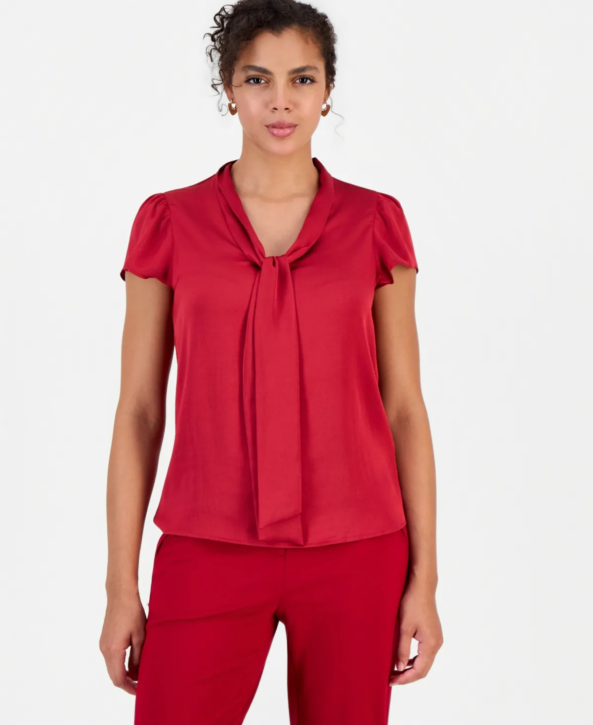 Satin Tie-Neck Flutter-Sleeve Short-Sleeve Blouse by Bar III