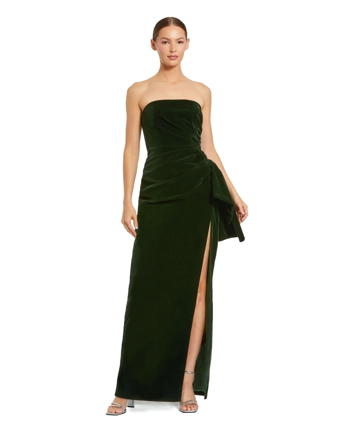 Strapless High Slit Draped Velvet Gown by M.A.C.