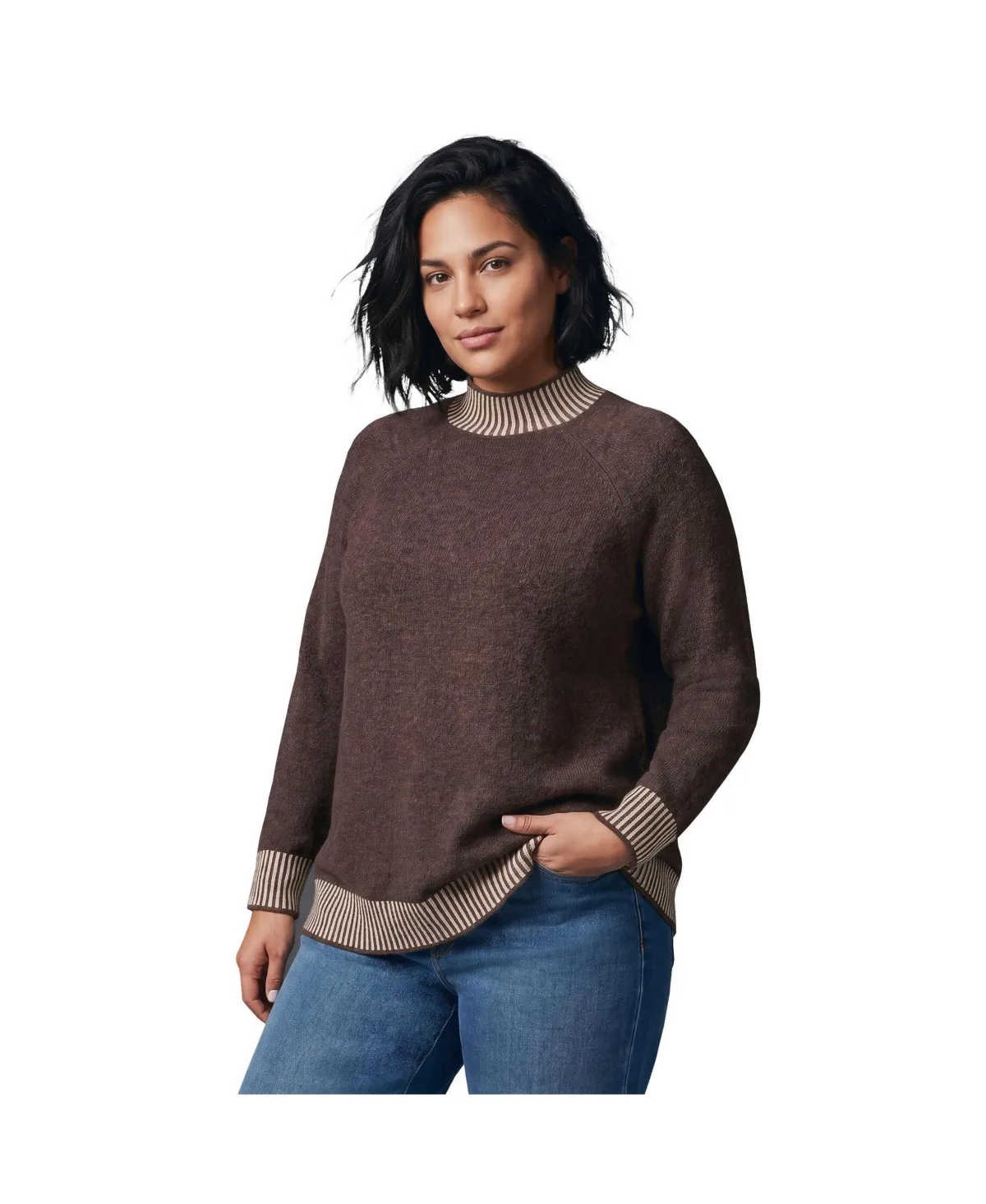 Corinne Mock Neck Contrast Ribbing Raglan Sweater by Avenue