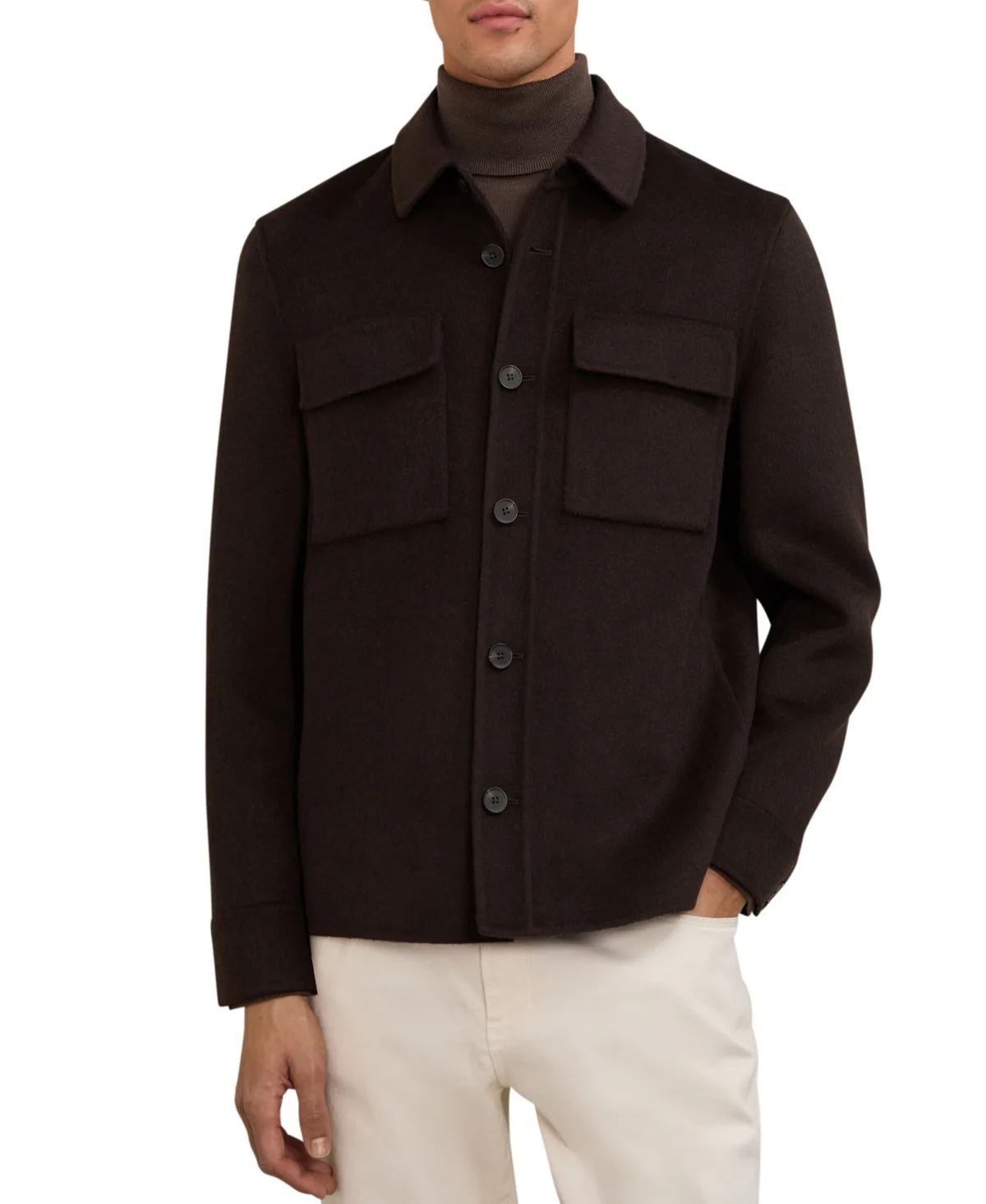 Net Wool-Blend Long-Sleeve Point Collar Overshirt