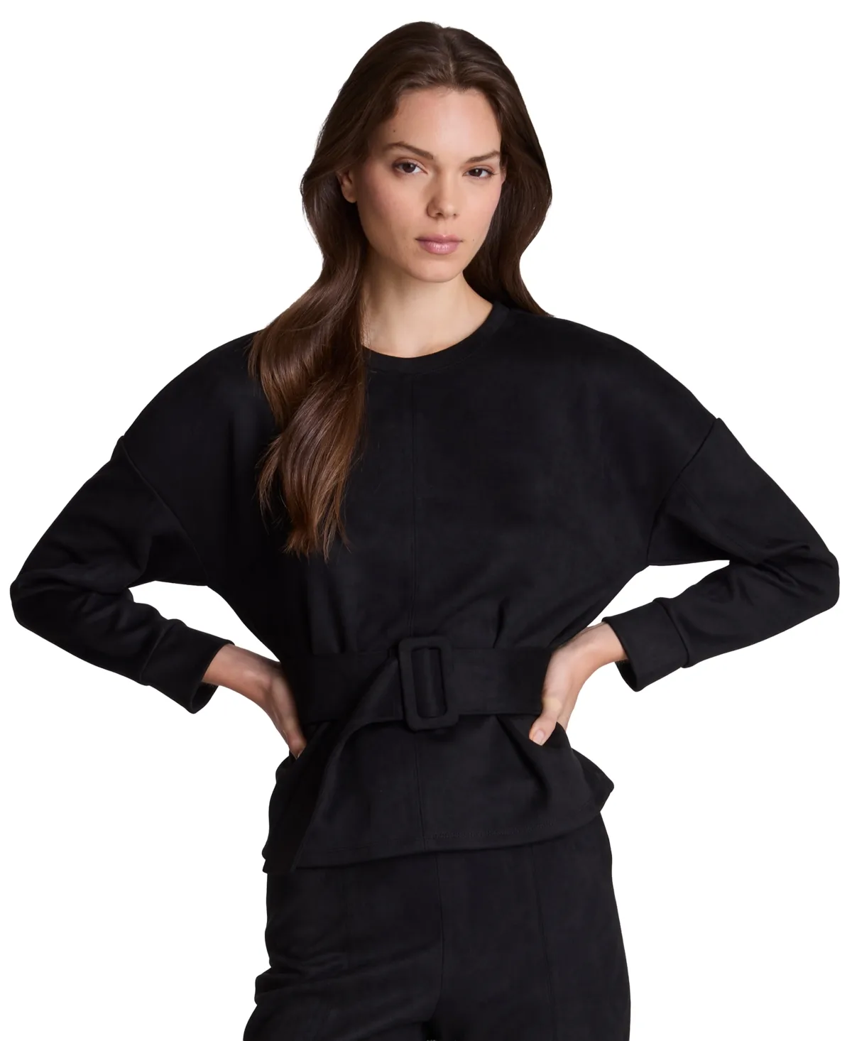 Faux-Suede Long-Sleeve Crewneck Blouse