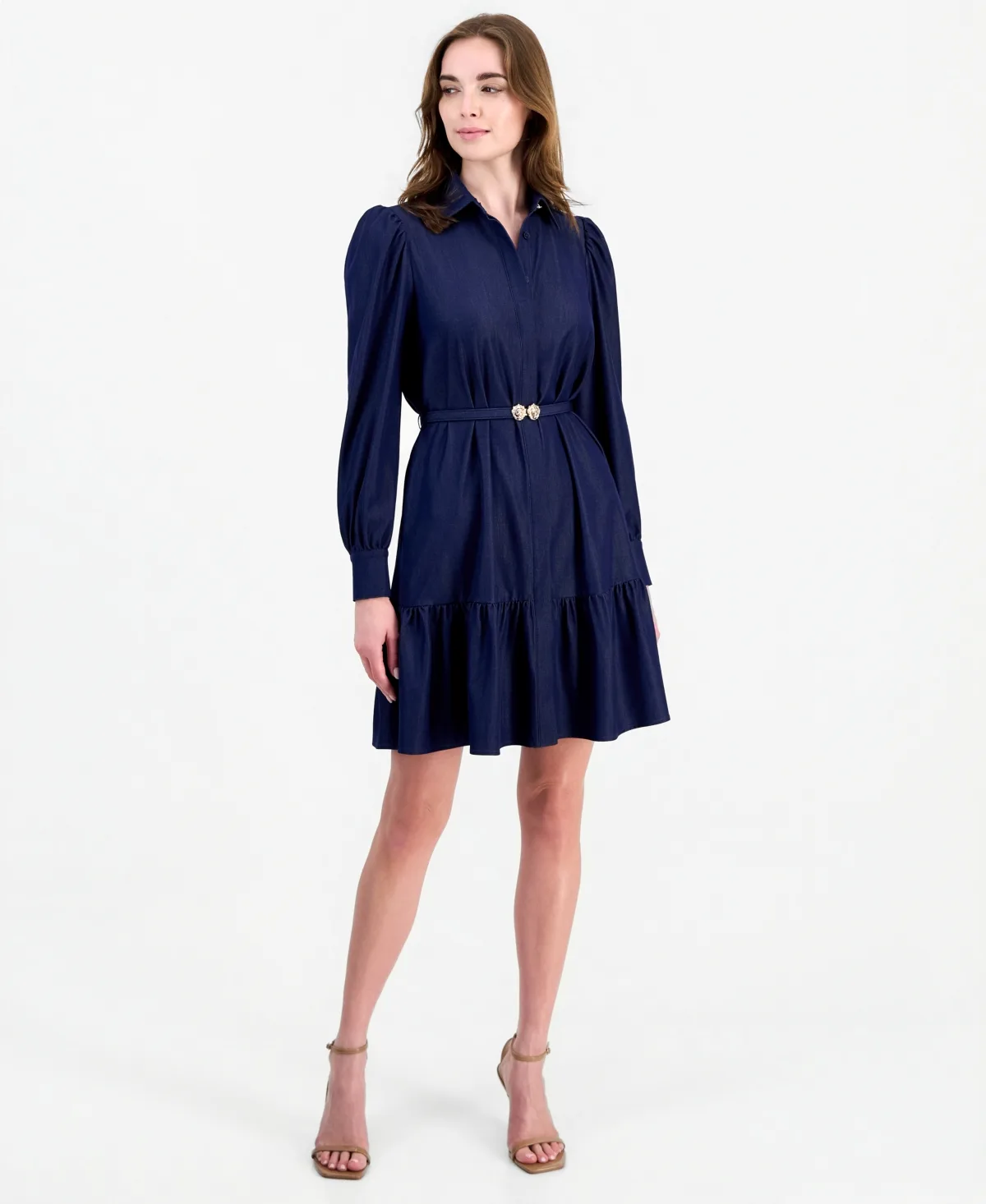 Long-Sleeve Tiered Denim Shirt Dress by Anne Klein