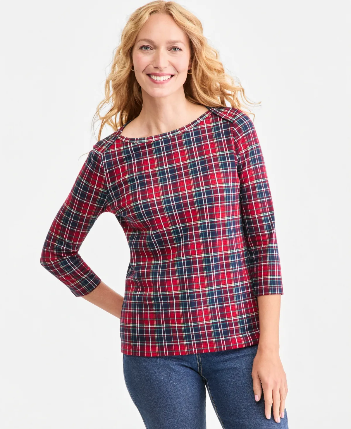 Dani 3/4-Sleeve Plaid Boat Neck T-Shirt by Style & Co