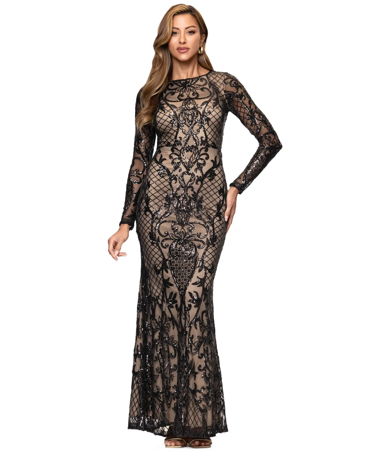 Lorraine Long-Sleeve Boat-Neck Geometric Gown by B&a by Betsy and Adam