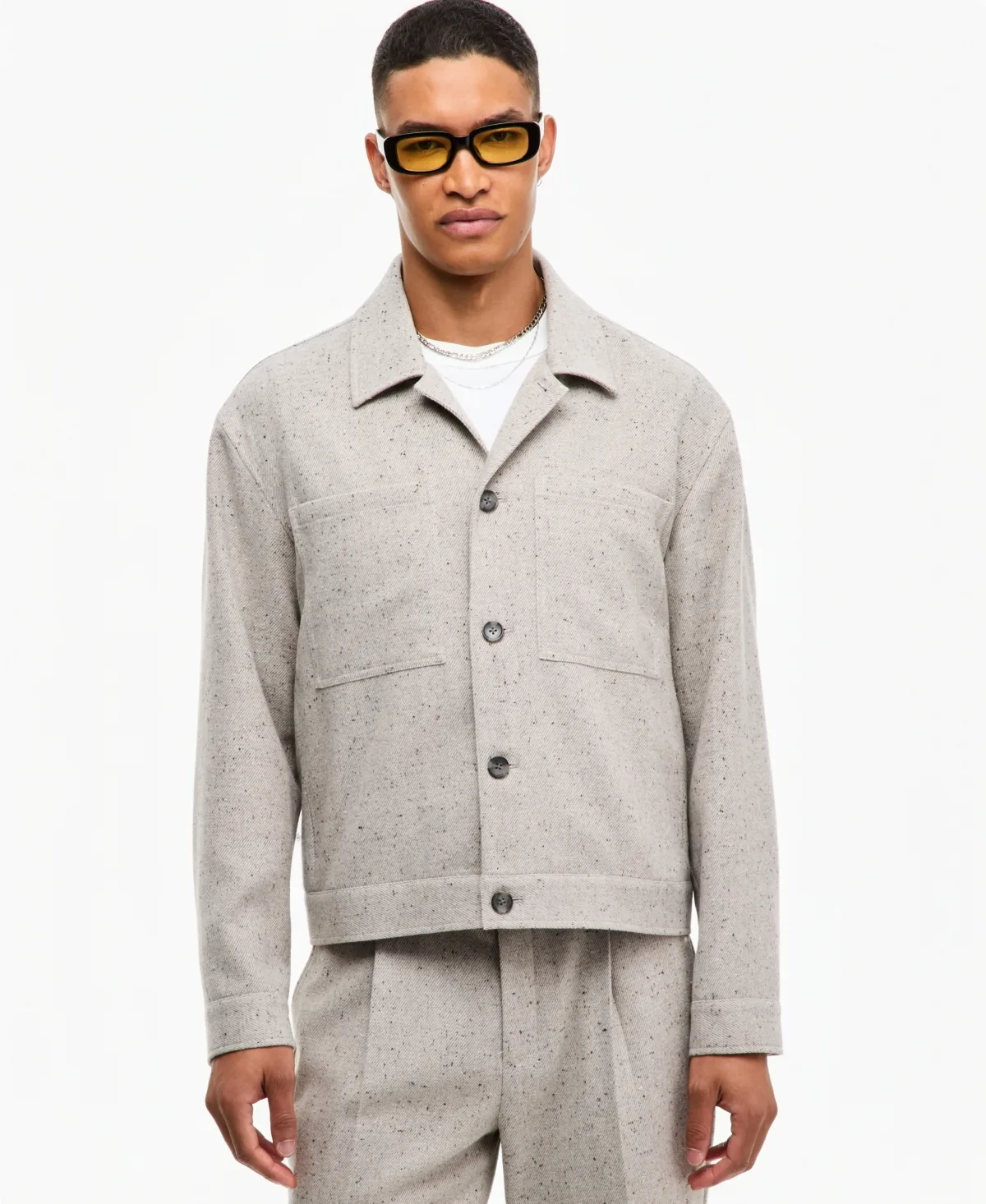 Point Collar Boxy Fit Long-Sleeve Twill Overshirt