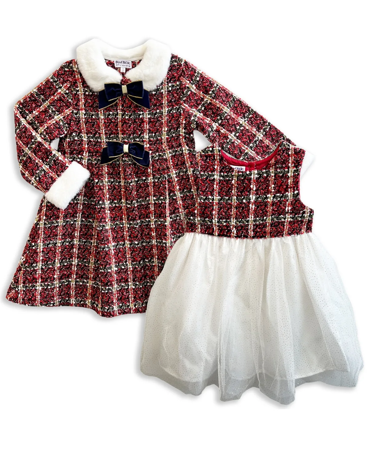 Holiday Tartan Plaid Boucle Coat and Dress, 2-Piece Set by Blueberi Boulevard