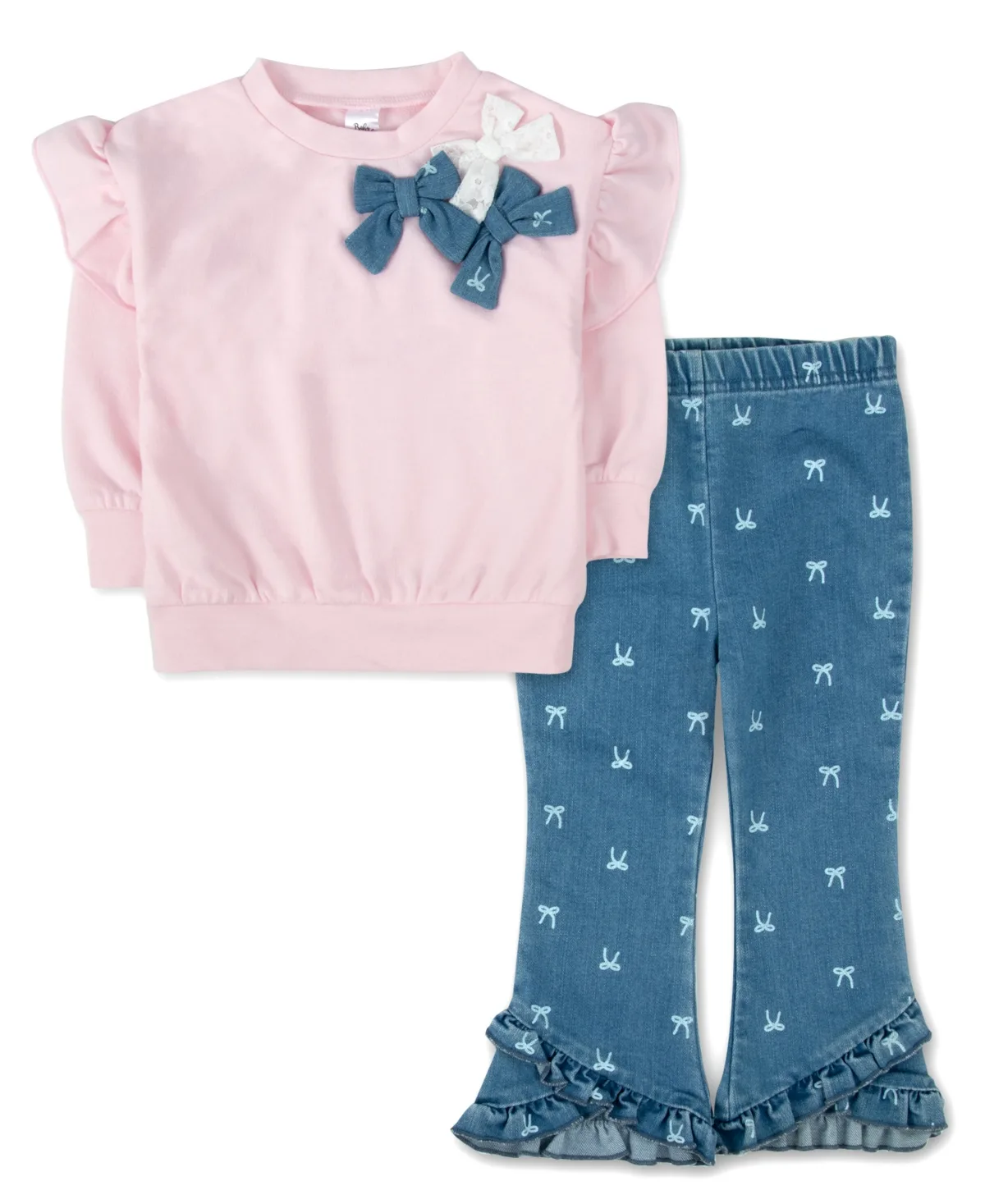 Bow Cotton-Blend Long-Sleeve Sweatshirt and Flare Pants, 2-Piece Set by Baby Essentials