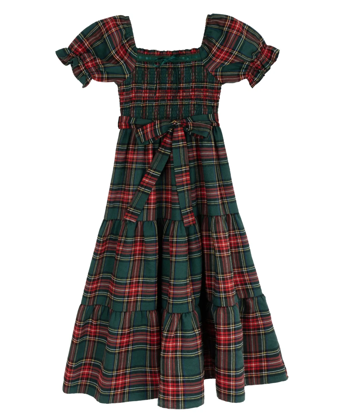Puff-Sleeve Smocked Plaid Dress by Rare Editions