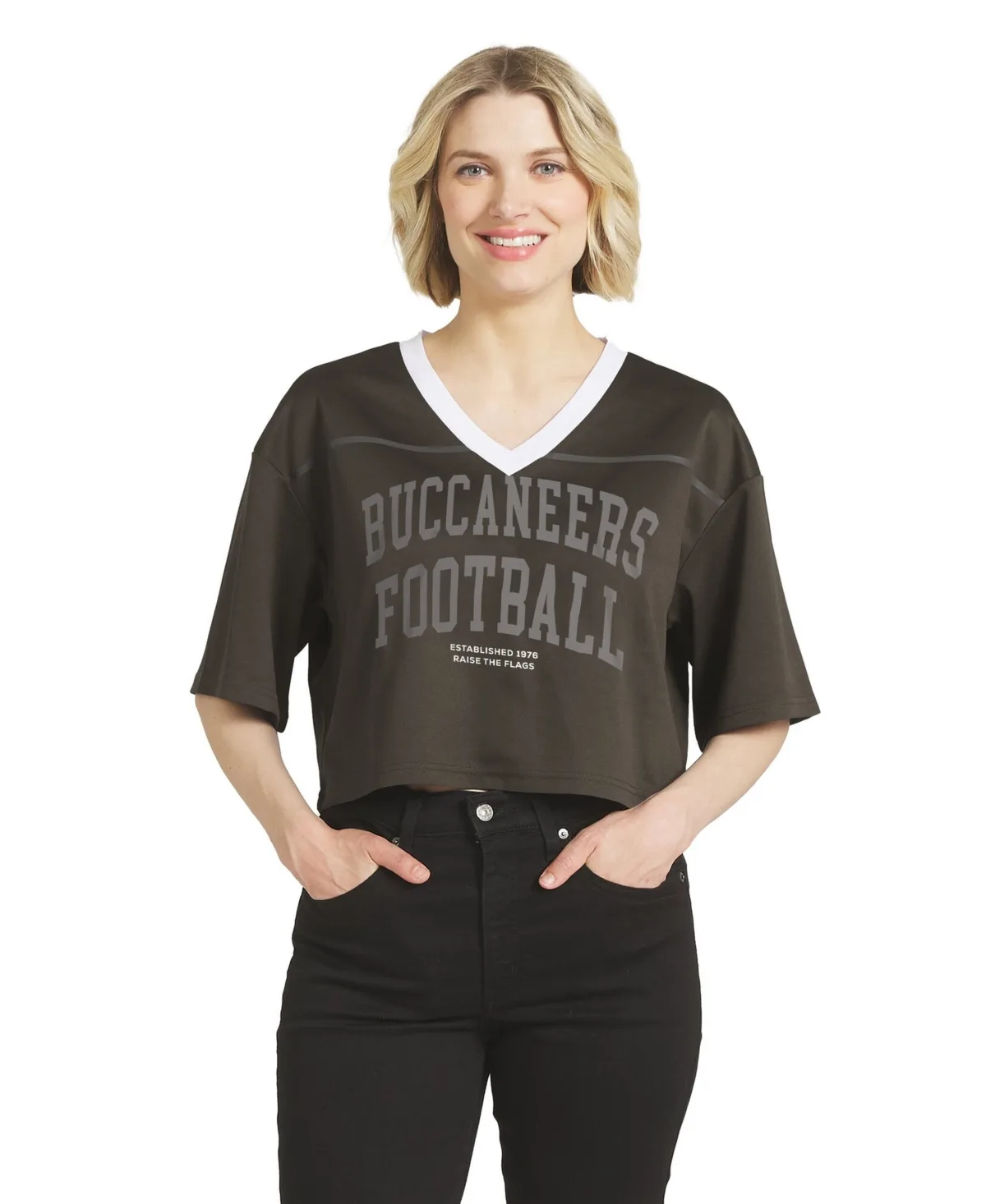 Tampa Bay Buccaneers Cropped V-Neck Jersey T-Shirt by Wear by Erin Andrews
