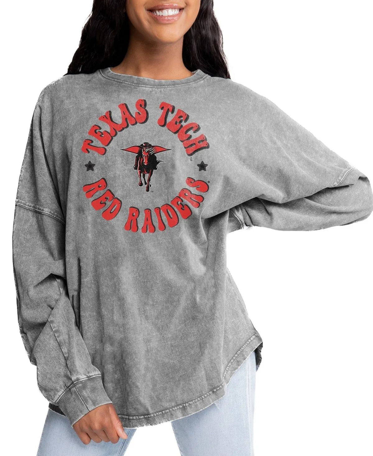 Playing Around Texas Tech Red Raiders Oversized Faded Wash Long-Sleeve T-Shirt by Gameday Couture