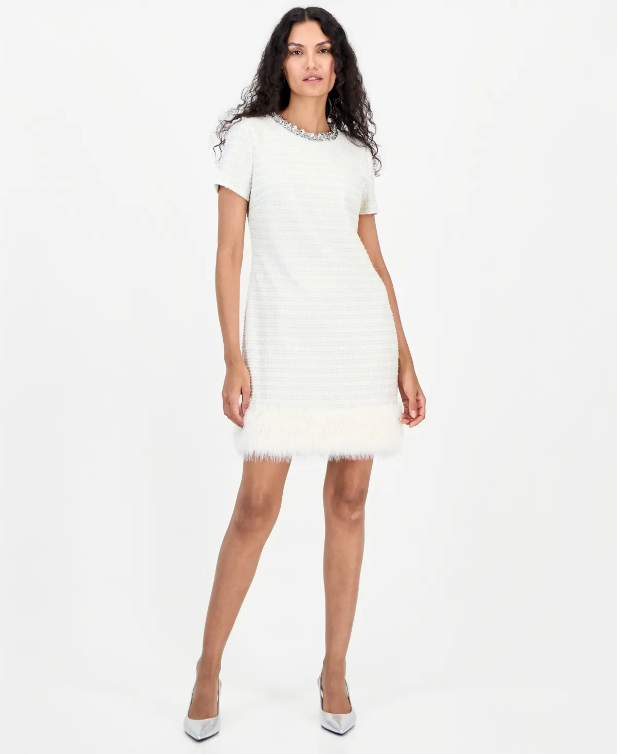 Scoop-Neck Beaded Faux-Fur Hem Dress by Tahari