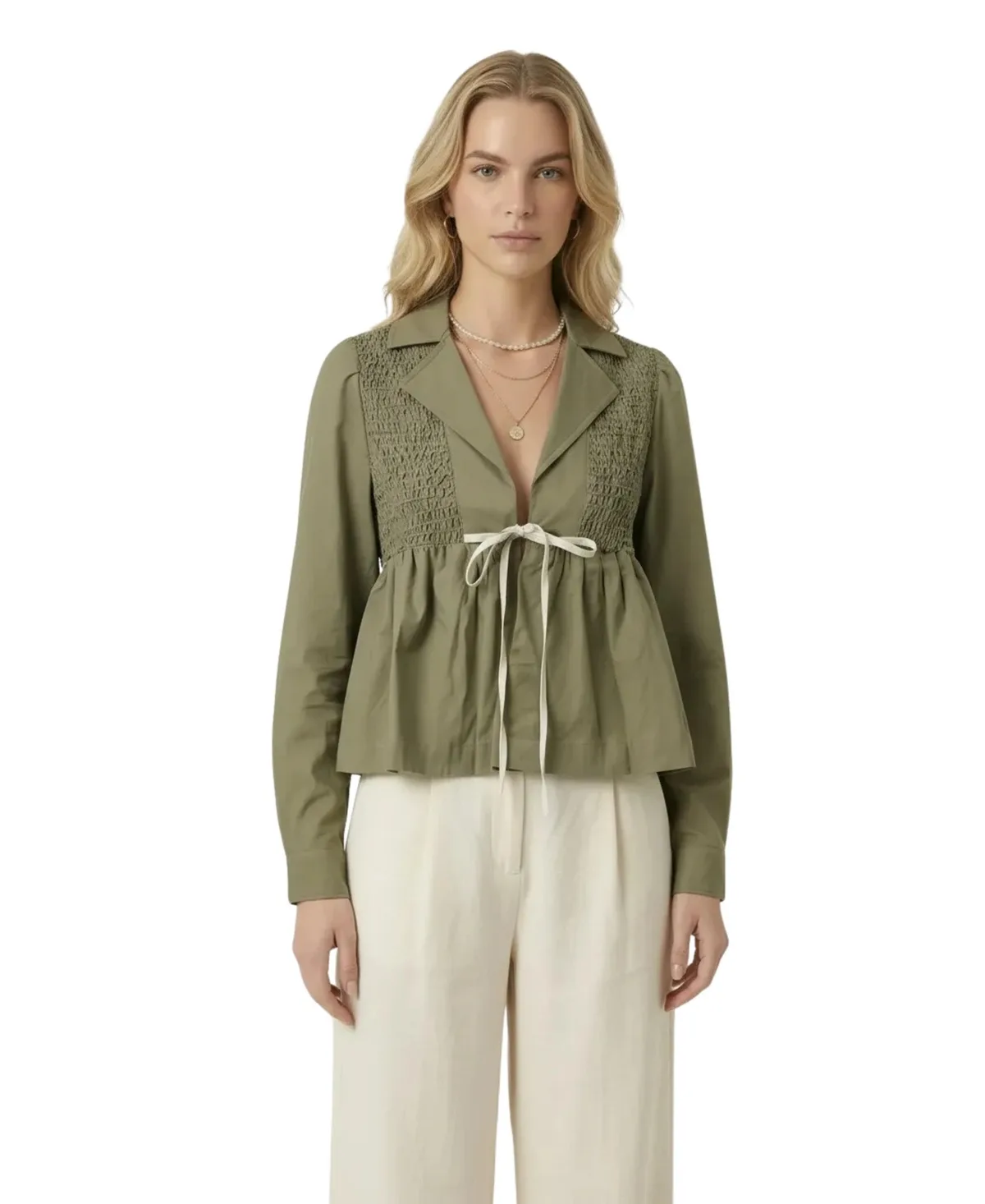 Smocked Panel Tie-Front Peplum Blouse by Modenaire