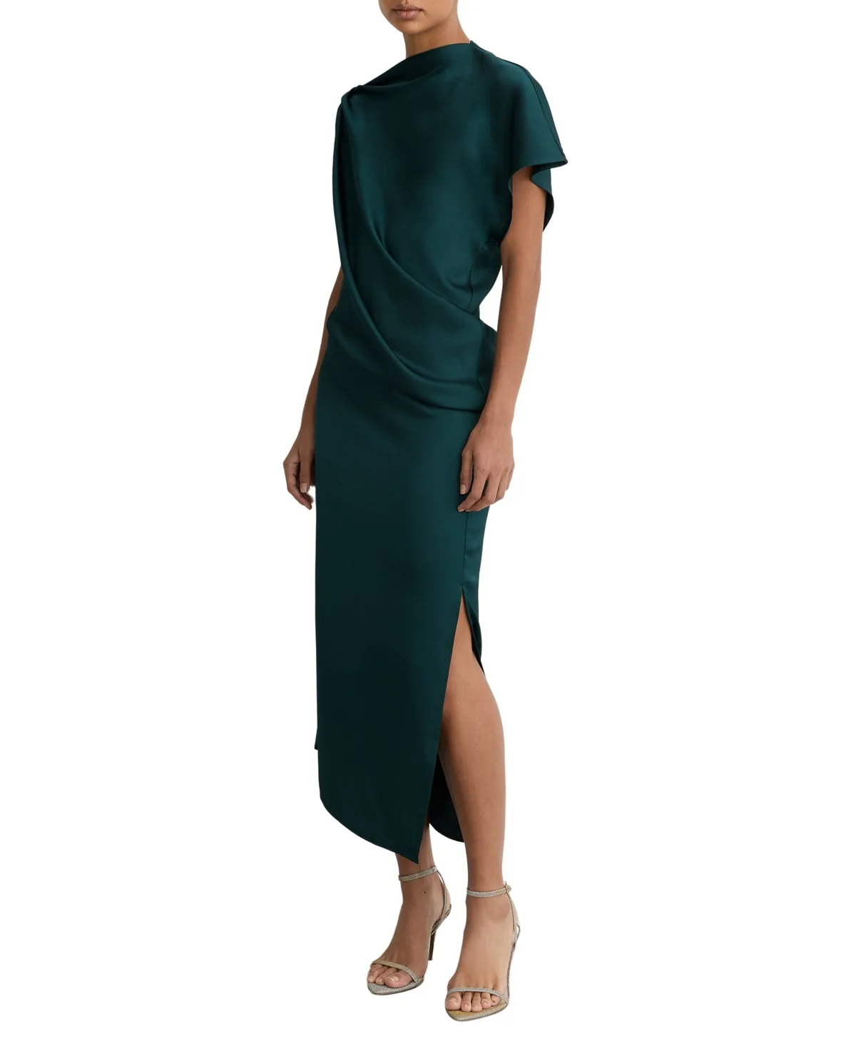 Satin Asymmetric Draped Midi Dress