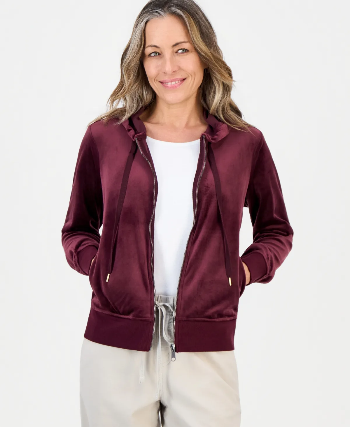 Zip-Front Long-Sleeve Velour Hoodie