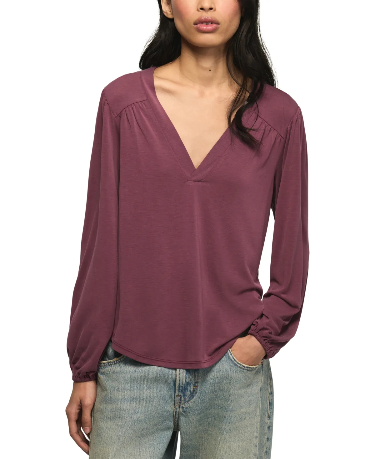 Sandwash Long-Sleeve V-Neck Shirring Blouse by Lucky Brand