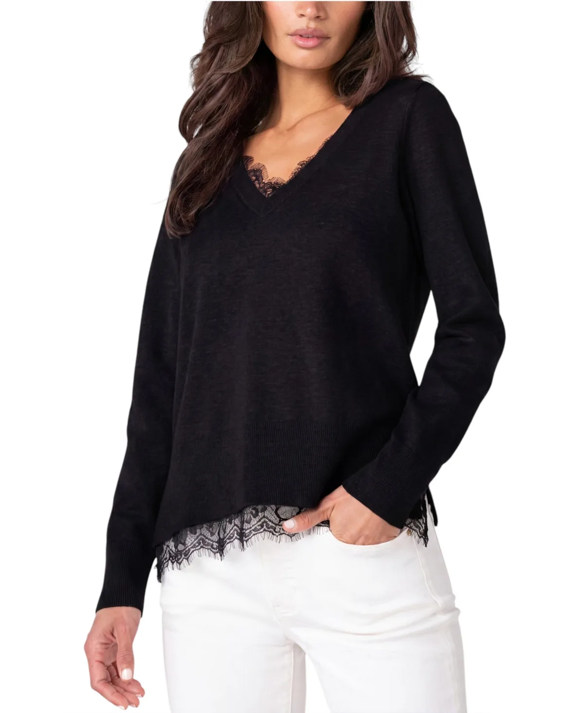 V-Neck Long-Sleeve Lace Trim Sweater