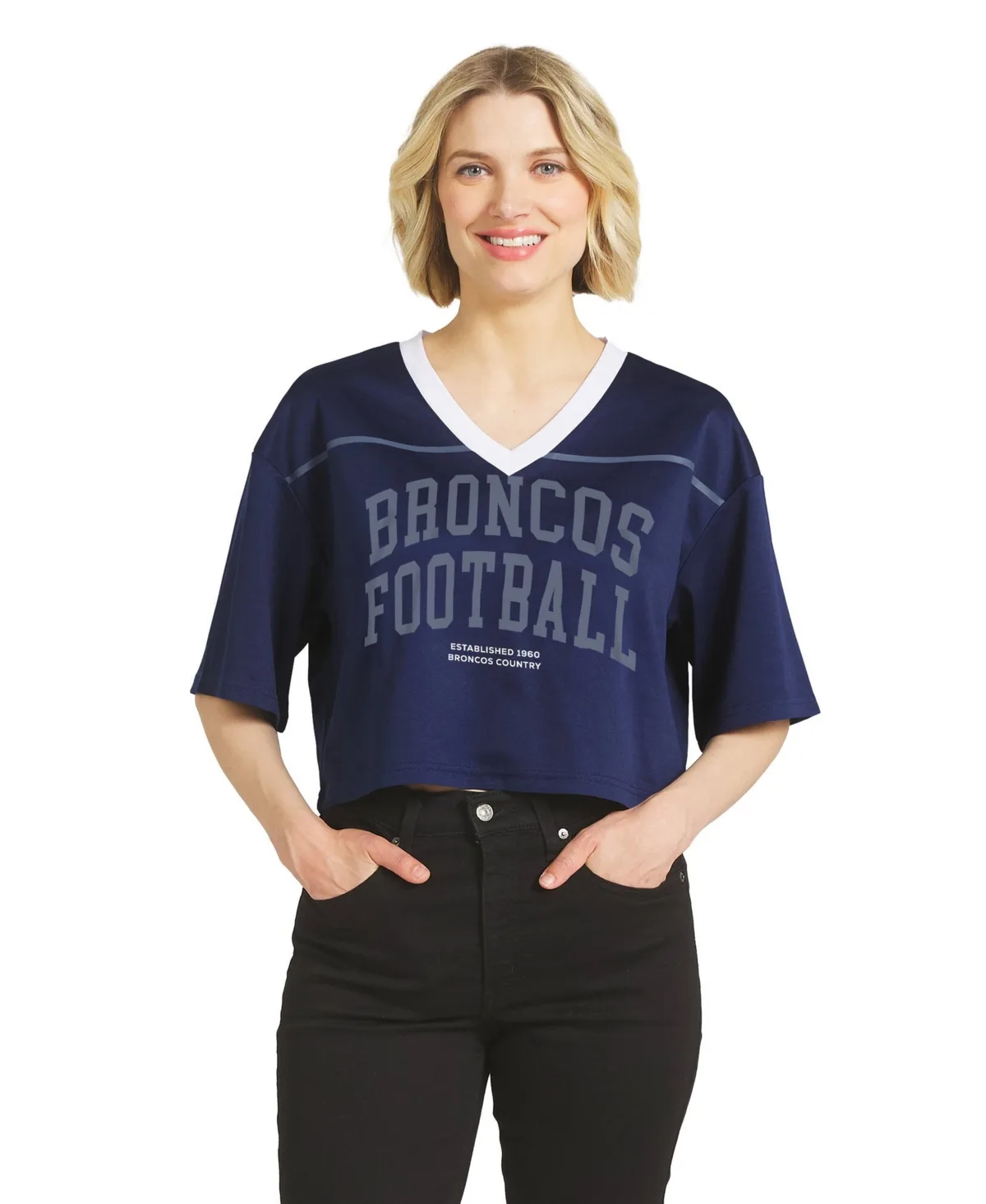 Denver Broncos Cropped V-Neck T-Shirt by Wear by Erin Andrews