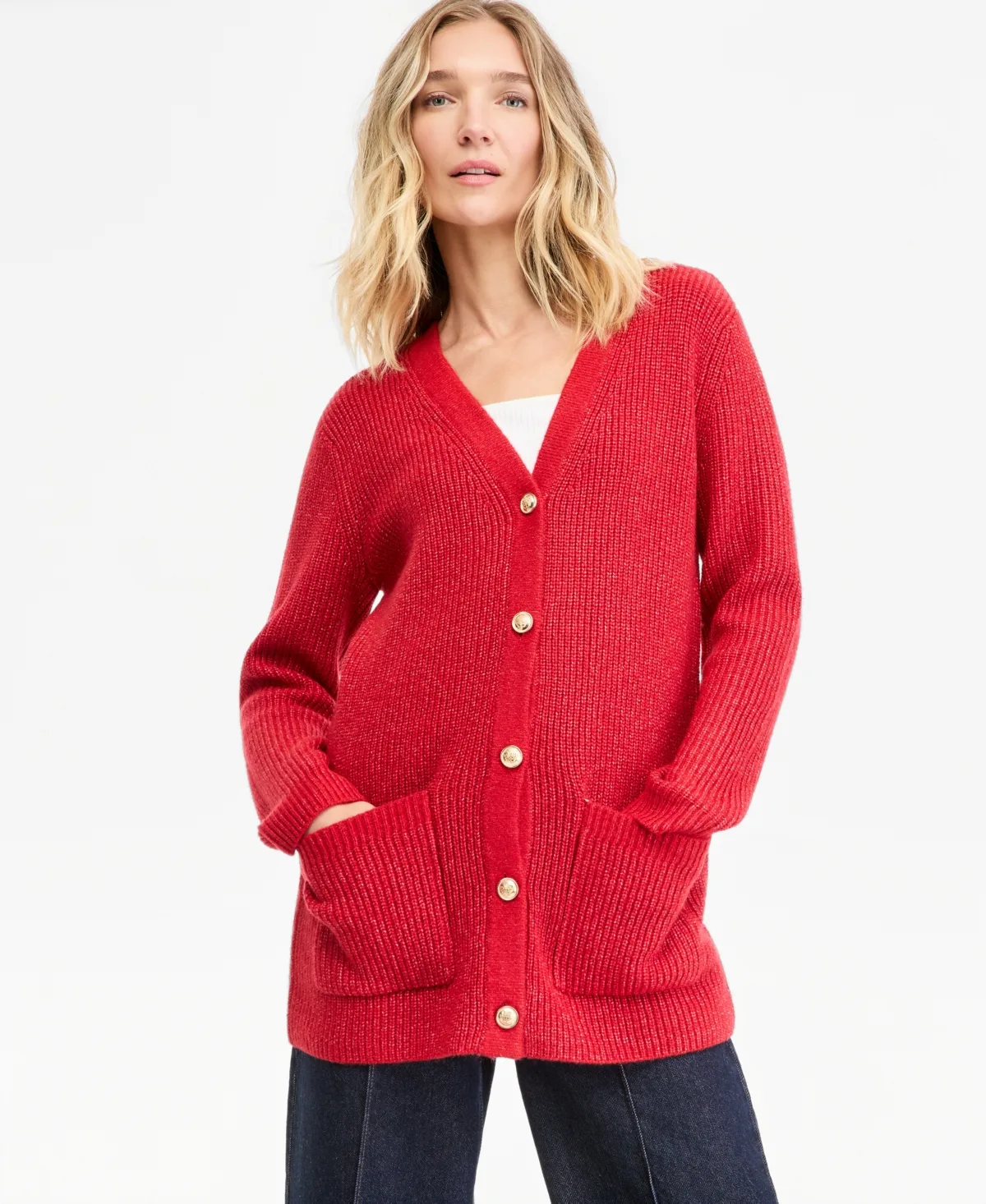 Sequin Ribbed-Knit Long-Sleeve Cardigan by INC International Concepts