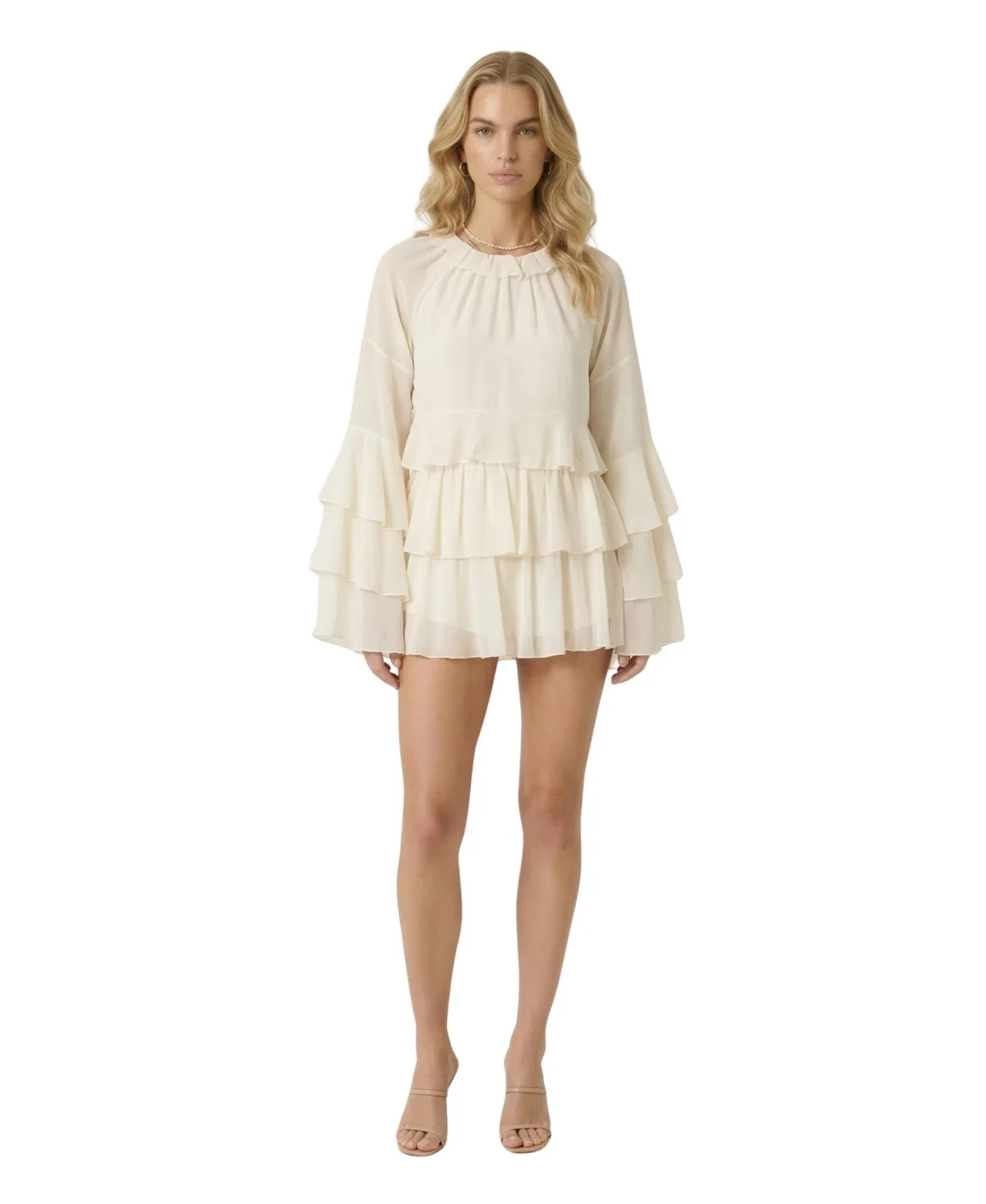 Long-Sleeve Bell-Sleeve Blouse and Tiered Mini Skirt, 2-Piece Set by Modenaire