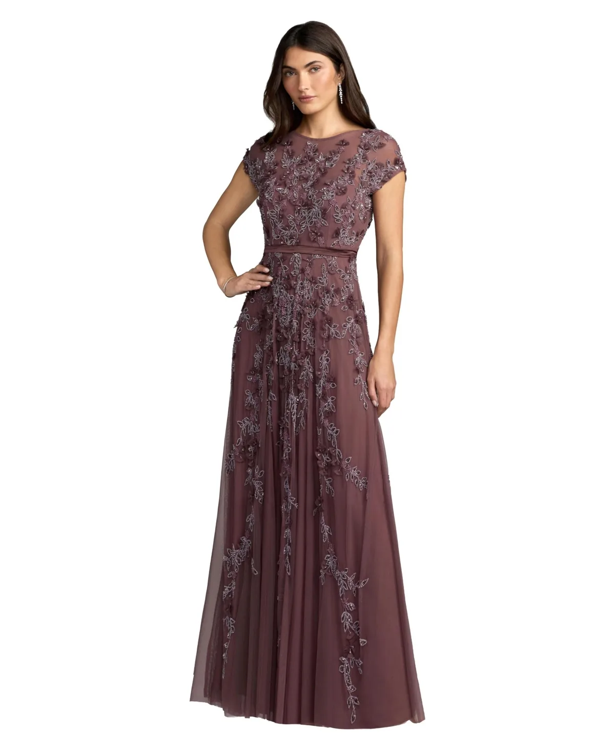Mac Duggal Floral Embellished Short Sleeve Mesh Gown by M.A.C.
