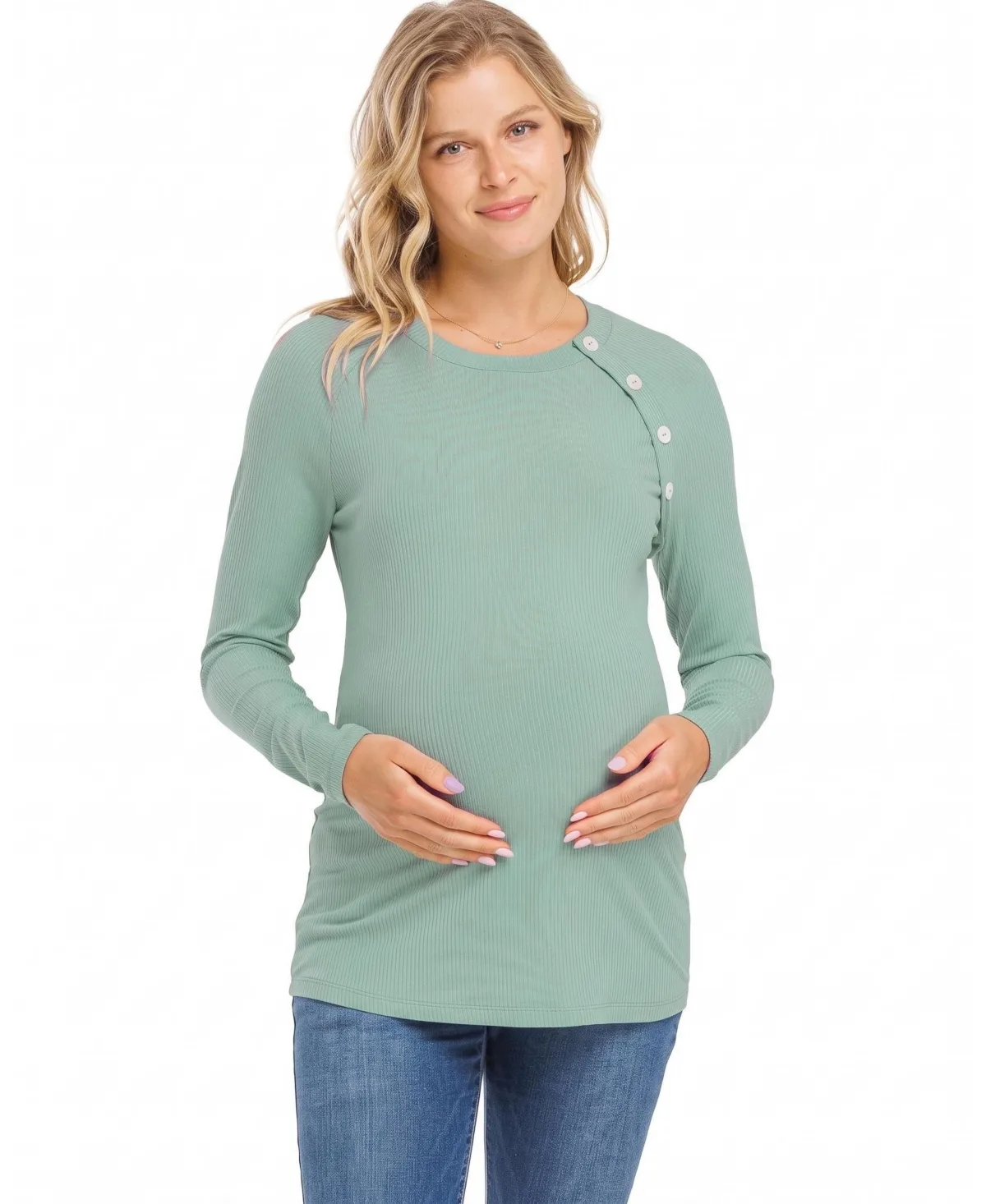 Round-Neck Button-Detail Long-Sleeve Top