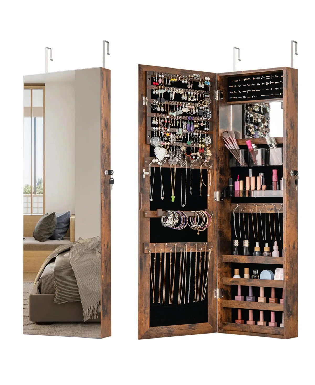 43.5 Inch Jewelry Mirror Cabinet with Full-Length Mirror and Adjustable Hangers by Sugift