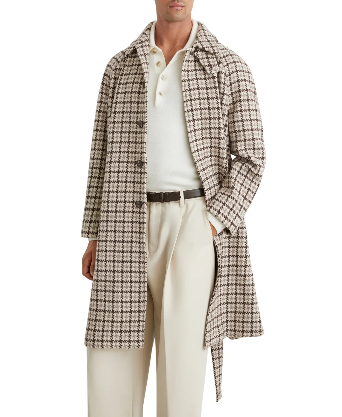 Christem Houndstooth-Check Belted Wool Overcoat by Reiss