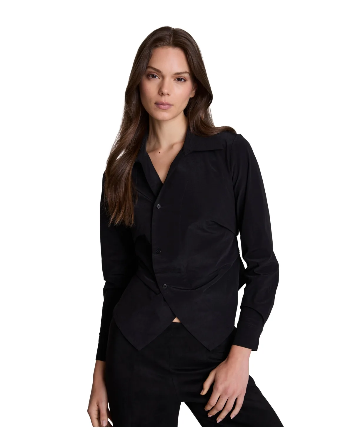 Asymmetrical Long-Sleeve Collared Knit Taffeta Shirt by Kenneth Cole