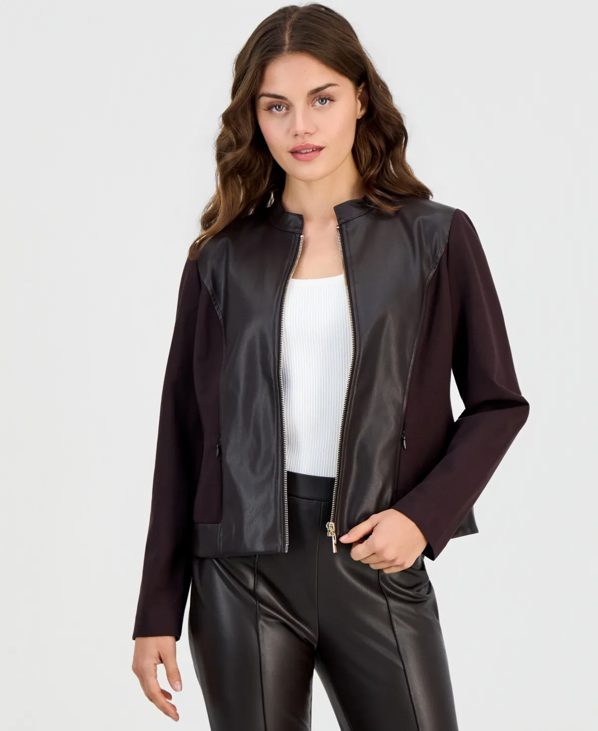 Essentials Mod Moto Zipper-Front Mandarin Collar Jacket by Anne Klein
