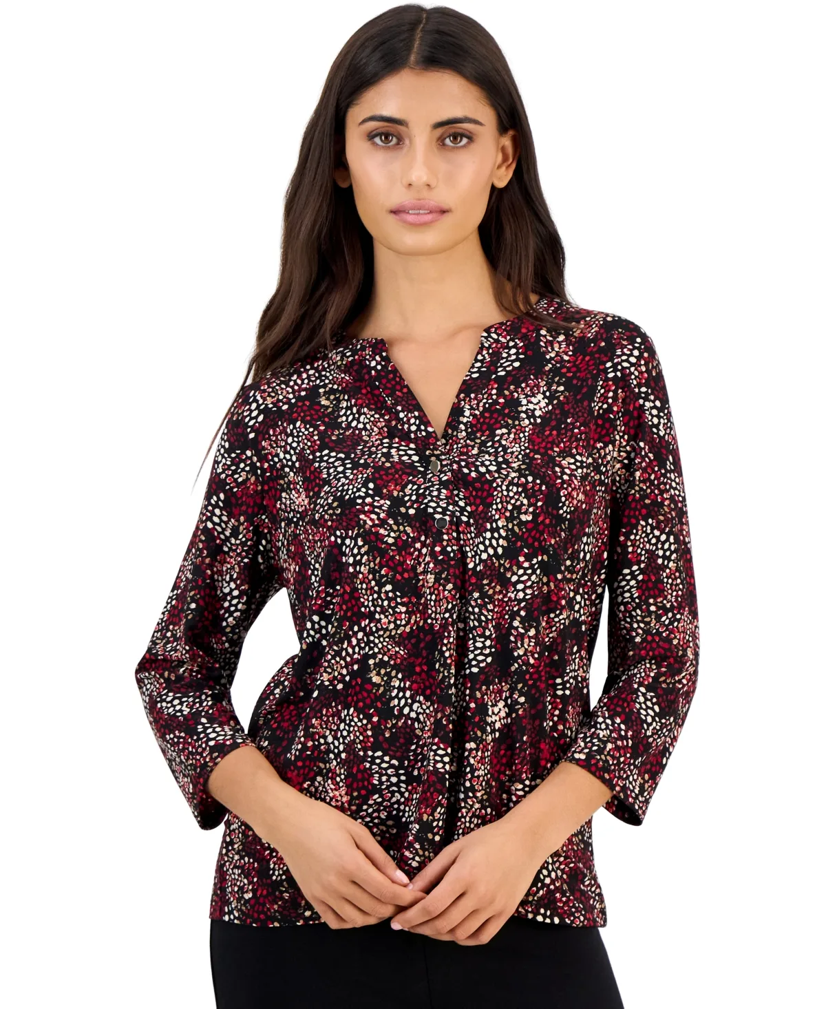 Essentials Henley 3/4-Sleeve Print Top by Anne Klein