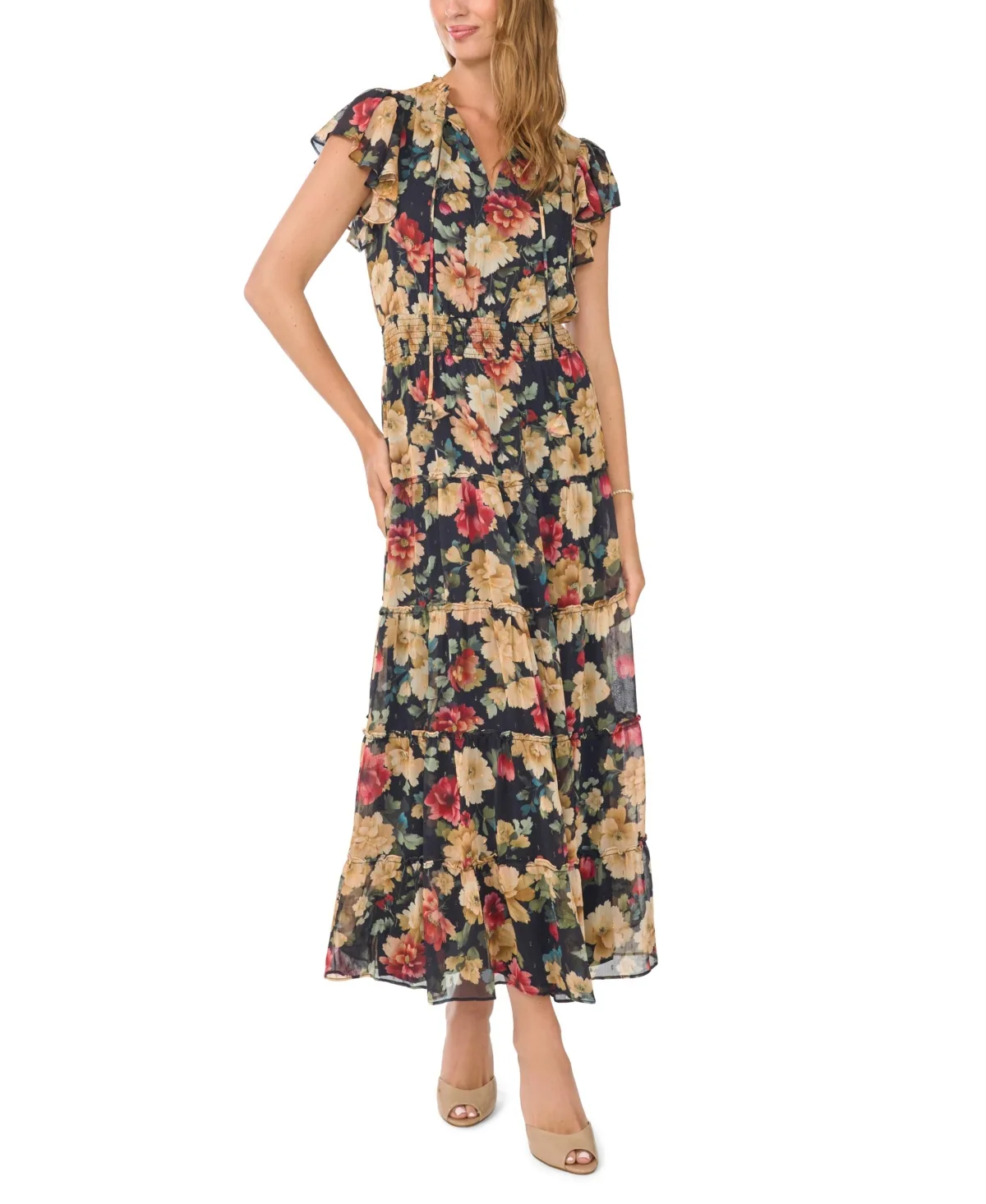 Floral-Print Flutter-Sleeve Tiered Maxi Dress