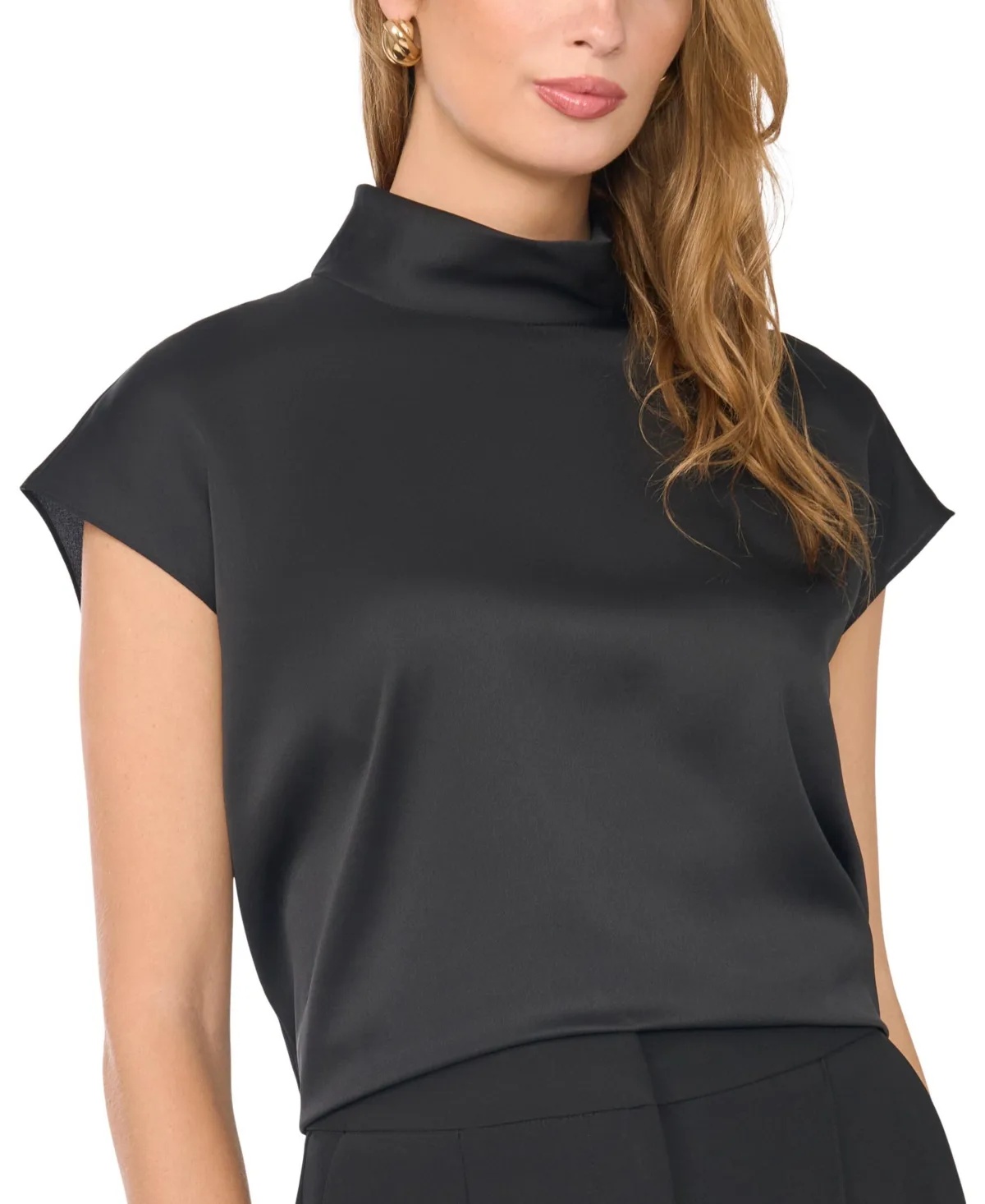 Mock Neck Short-Sleeve Satin Blouse