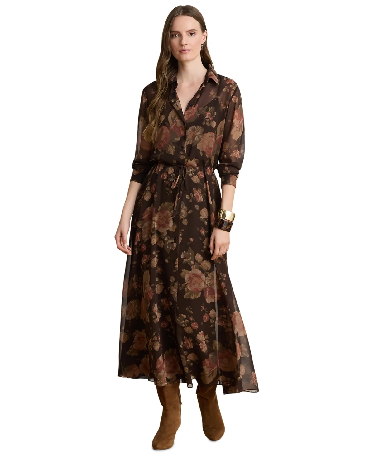 Graceful Chiffon Floral A-Line Long-Sleeve Dress by Ralph Lauren