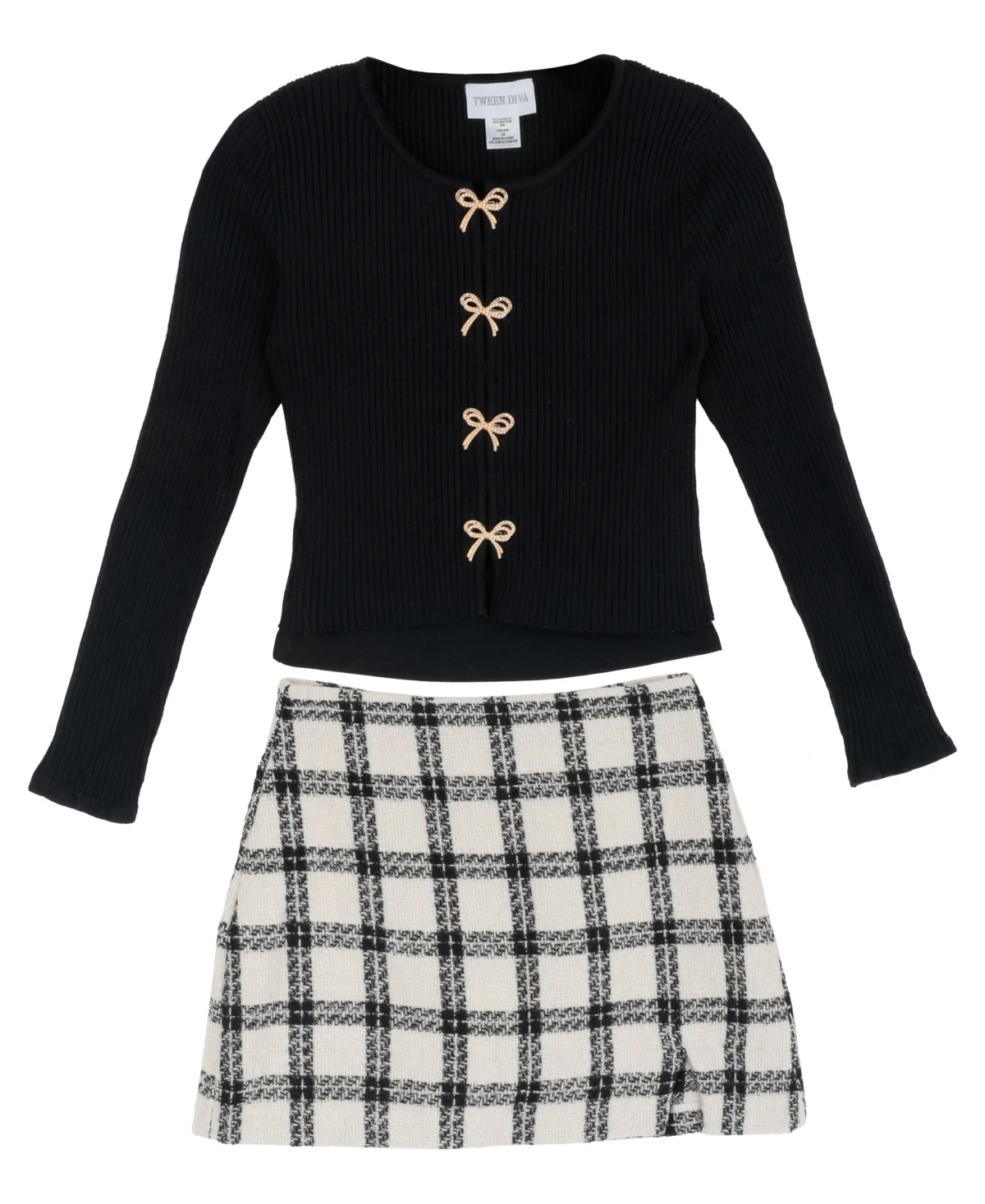 Long-Sleeve Rib-Knit Center Bow Cardigan, Top and Skirt, 3-Piece Set by Rare Editions